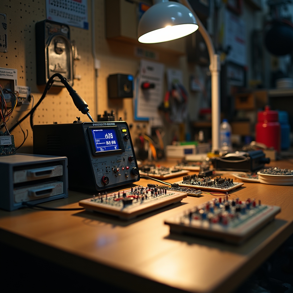Elektronická pracovní stanice s pájecí stanicí a komponentami